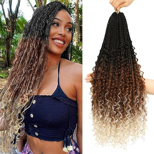 8 Packs Boho Braids Crochet Hair-24 Inch Crochet Box Braids- Bohomian Box Braid Crochet Hair Synthetic Braiding Hair Goddess Box Braids Crochet Hair for Black Women(1B/30/613#)