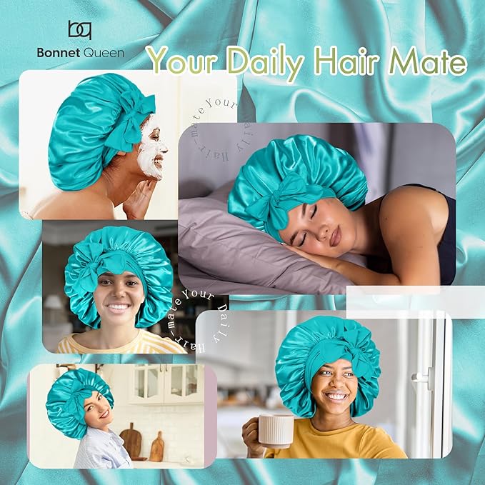 BONNET QUEEN Silk Bonnet for Sleeping Women Big Satin Bonnet Night Sleep Cap Wrap for Curly Hair with Adjustable Tie Band, Single Layer, Large, Aqua Blue
