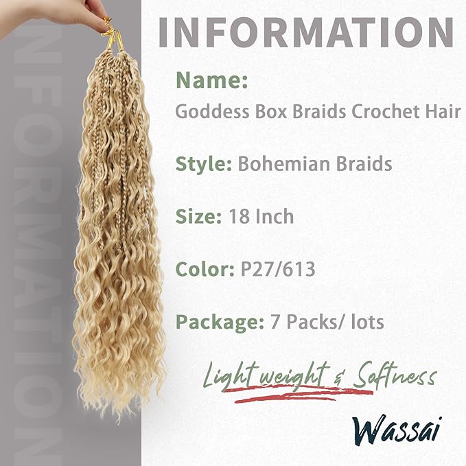 Wassai Boho Crochet Box Braids, 18 Inch 7 Packs, P27/613, Pre-Looped, Curly Ends, Easy Install, Tangle Free, Lightweight, Suitable for Women & Kids