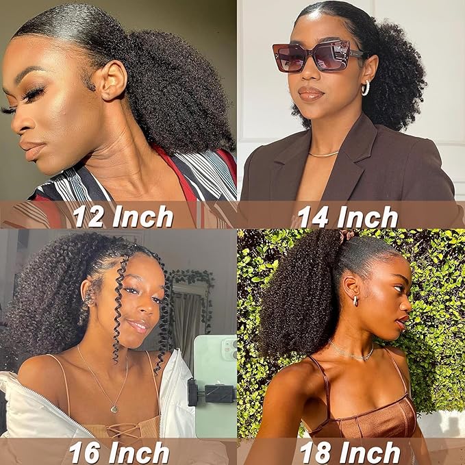 beauty youth Afro Puff Drawstring Ponytail Human Hair Bun For Black Women 150% Density 10A Brazilian Virgin Afro Kinky Curly Clip In Ponytail Extension Human Hair Pieces 130g Natural Color 12 Inch