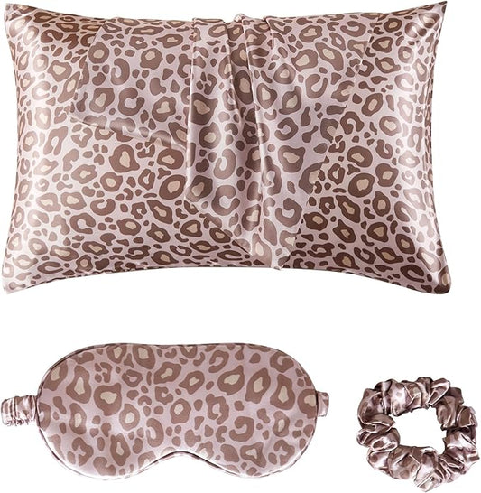 Satin Pillowcase for Hair and Skin, Soft and Cooling Vegan Silk Sleep Set-2 Satin Pillow Cases Queen Size, 1 Eye Mask, 1 Scrunchie, Self Care Essential Night Routine Kit, Pink Leopard