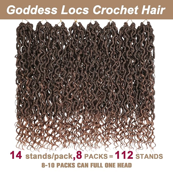 COOKOO Soft New Faux Locs Crochet Hair 18 Inch Ombre Golden Brown Boho Style Goddess Locs Crochet Hair for Women 8 Packs Pre-looped Crochet Braids Hippie River Locs Synthetic Hair Extensions T30#