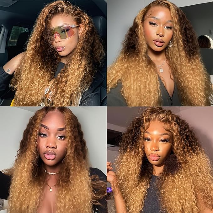 MEGOOD 250% Density 13x6 Highlight Ombre Lace Front Wig Human Hair 13x6 HD Honey Blonde 4/27 Curly Wig Human Hair Pre Plucked For Black Woman Deep Wave Lace Front Wigs Human Hair Colored Wigs 24Inch