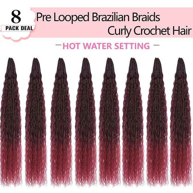 Xtrend Pre looped Brazilian Braids Afro Curly Crochet Braiding Hair Yaki Kinky Micro Curly Water Wave Crochet Hair 24 Inch 8 Packs Synthetic Deep Wave Mini Boho Braids For Women(30Strands/Pack，TBUG#)