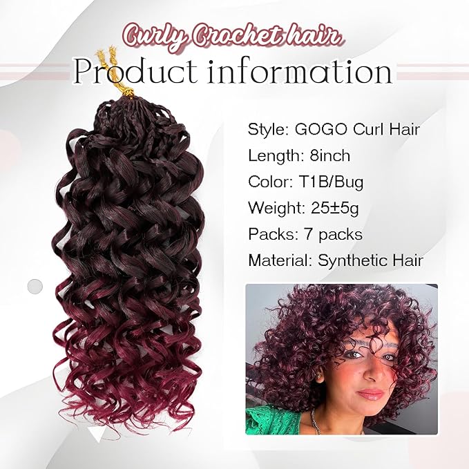7 Packs Gogo Curl Crochet Hair for Women 8 Inch Pre-Twisted Curly Crochet Hair Deep Ocean Beach Curl Crochet Braids Synthetic Braiding Hair Extensions (8 Inch, 1B/Bug)