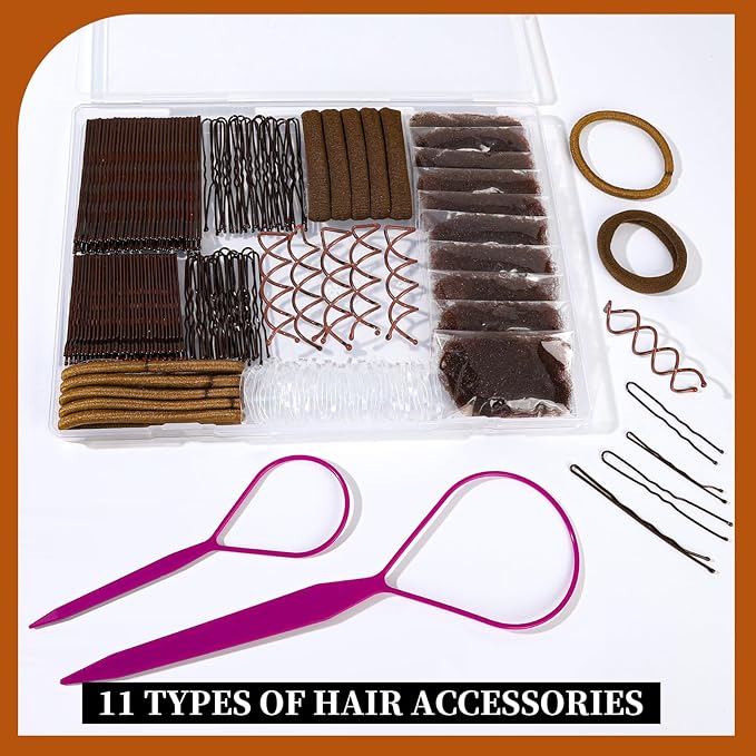 Teenitor Bobby Pins Hair Pins Hair Net Kit, 227 Bobby Pins for Women U Shaped Hair Pins, Hair Nets for Buns Spiral Pins, Hair Ties and 2 Hair Styling Tools for Women Girls Dance Ballet Brown