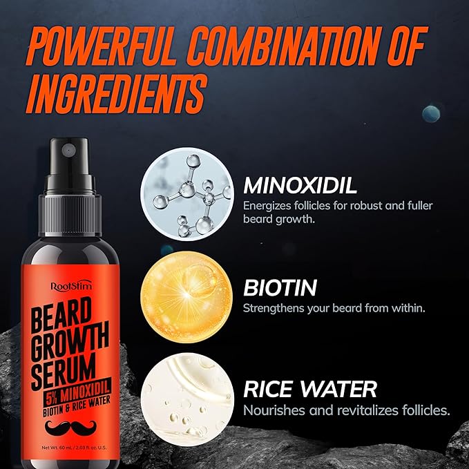 5% Minoxidil Beard Growth Serum for Men: Hair Regrowth Spray with Biotin & Rice Water - Extra Strength Beard Oil for Faster Thicker and Fuller Beard Growth - 60ML