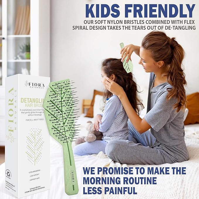 Fiora Naturals Hair Detangling Brush for Women - Detangler Hair Brush w/Flexible Soft Bristles- Gently Glides Through Tangles - Curly, Fine, Dry and Shower Wet HairBrush, cepillo para cabello - Green