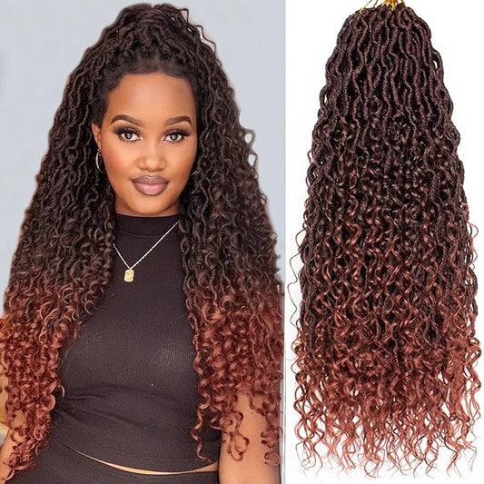 COOKOO Ombre Ginger Goddess Locs Crochet Hair 24 Inch 8 Packs Boho Faux Locs Crochet Hair with Curls Pre Looped River Locs Crochet Hair for Black Women Bohemian Locs Braids Hair Extensions T350#