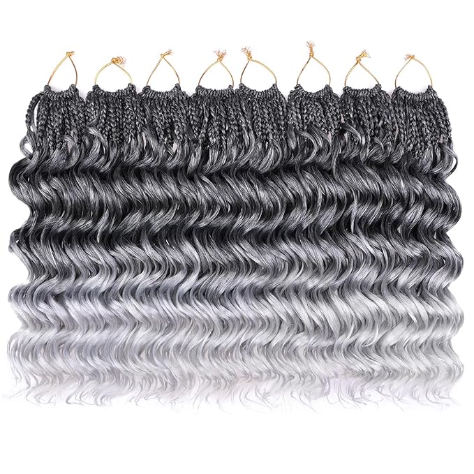Leeven 10 Inch Pre Looped Curly Crochet Hair 8 Packs Ombre Gray Boho Ocean Wave Crochet Hair Short Ocean Braids Pre Twisted Synthetic Deep Wavy Crochet Hair for Women
