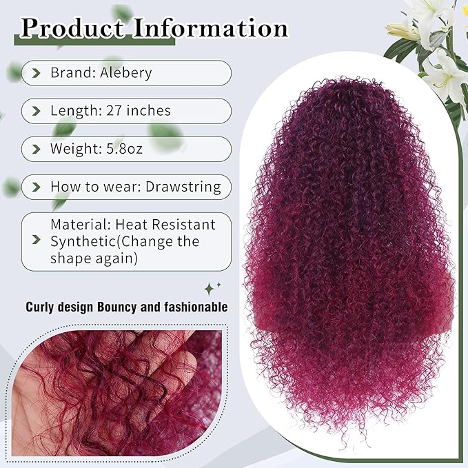 27 Inch Drawstring Ponytail Extension for Black Women Deep Curly Ponytail Extension Synthetic Mixed with Human Hair Hairpieces Afro Kinky Curly Pony Tail for Daily Use (Purple Mixed Red)
