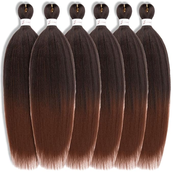 Ombre Braiding Hair,24 Inch Ombre Natural Black To Brown 6 Packs Hair Extensions Professional Synthetic Braid Hair Crochet Braids, Soft Yaki Texture, Hot Water Setting (24Inch,T1B/30#).