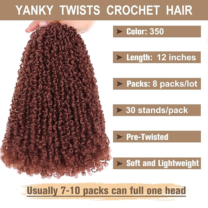 COOKOO 12 Inch 8 PCS Pre-curled Yanky Twist Synthetic Crochet Braids Hair Pre Looped Ginger Spring Twists Hair Short Passion Twists Crochet Hair Small Curly Twist Crochet Hair with Curls