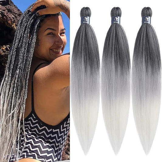 Ombre Braiding Hair Pre Stretched 1B Gray Kanekalo Braiding Hair Extensions for Braiding Box Braids Knotless Prestretched Pre Sectioned Braiding Hair Ombre 26 inch