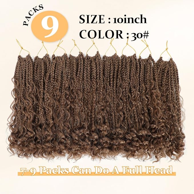 Goddess Box Braids Crochet Hair Boho 10 Inch Crochet Box -Braids With Curly Ends,9 Packs Bohomian Box Braid Crochet-Hair For Black Women Pre Looped Box Braiding (10Inch,30#)