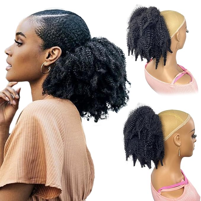 Short Marley Hair Drawstring Ponytail Black 4C Afro Puff Bun Braiding Ponytail Hair with Clips Synthetic Afro Kinky Curl Pony Tail Hairpiece for Black Women - Natural Black 12"