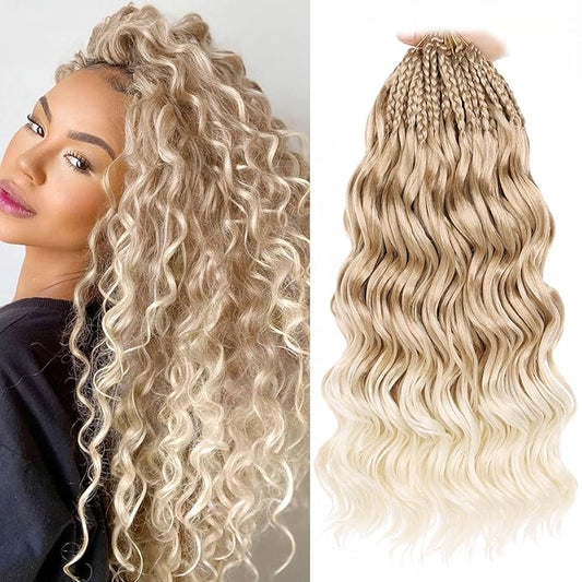Leeven 14 Inch 8 Packs Ocean Wave Crochet Hair Pre Looped Ombre Blonde Boho Curly Crochet Hair Short Ocean Braids Pre Twisted Synthetic Deep Wavy Crochet Hair for Women #T27/613
