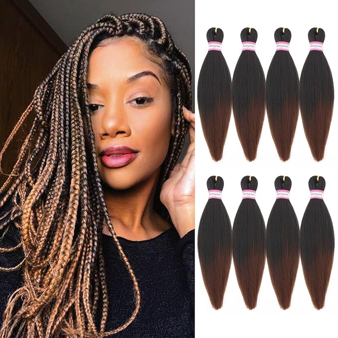 Dorsanee Braiding Hair Pre Stretched 14 Inch 8 Packs Ombre Brown Braiding Hair Extensions for Crochet Box Braids Twists Locs Hair Soft Yaki Texture Hot Water Setting (14inch,#1B/30)