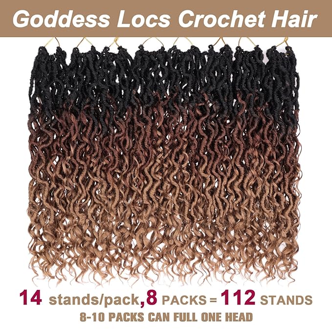COOKOO Ombre Brown Goddess Locs Crochet Hair - 8 Packs, 14 Inch Curly Crochet Faux Locs with Curly Ends