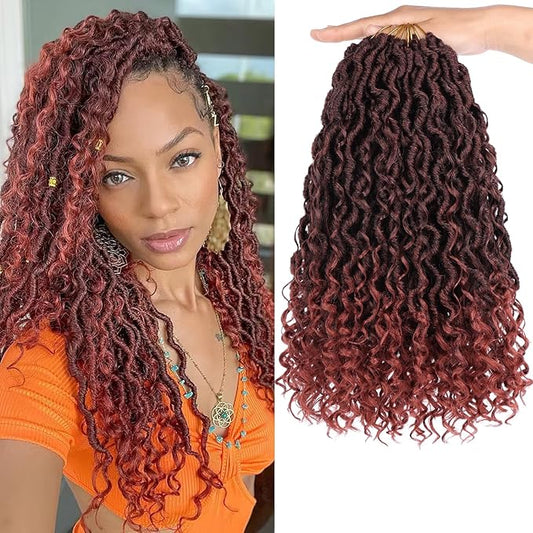 COOKOO Ombre Ginger Goddess Locs 14 Inch 8 Packs Bohemian Faux Crochet Hair for Kids Pre-Looped River Locs With Curly Ends Soft T350#