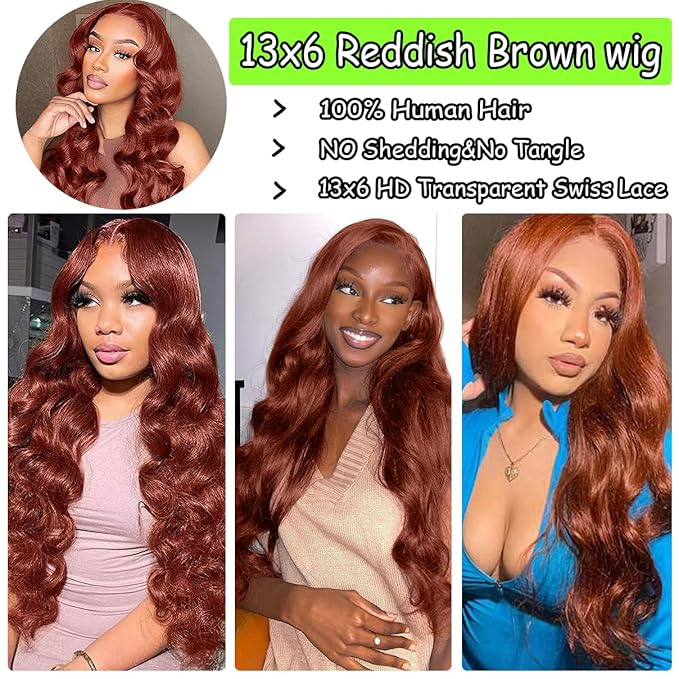 36 Inch Reddish Brown Lace Front Wigs Human Hair 13×6 HD Lace Body Wave Aubrun Brown Front Wig Pre Plucked Red Human Hair Colored Wig 180% Density
