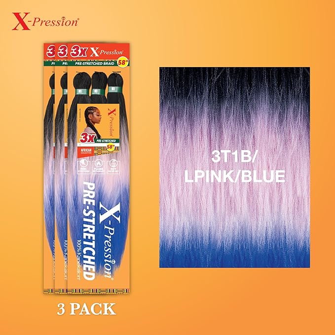 Sensationnel X-pression prestretched braiding hair - 3x braid 58 inch all kanekalon flame retardant synthetic braid for box braids and twists (3 pack, 3T1B/LPINK/BLUE)