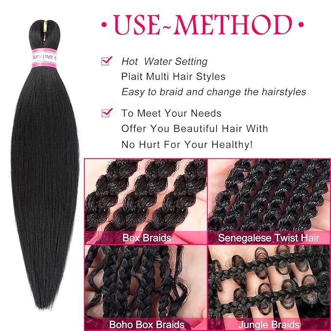 Pre-Stretched Braiding Hair Extensions Black-16 Inch 8 Packs Synthetic Braiding Hair Crochet Braids, Natural Easy Braid Crochet Hair, Hot Water Setting Professional Soft Yaki Straight Texture (#1B)