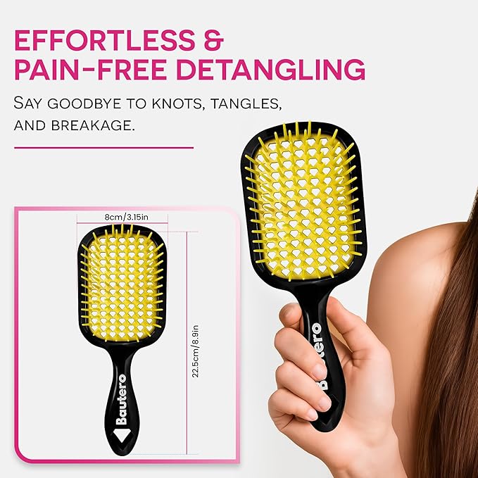 Bautero Brush Detangler Brush for Wet & Dry Hair, Pain-Free Brushing on All Hair Types, Knot Removal, Vented Hair Brush, Saku Sunflower