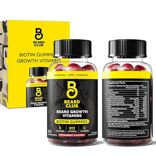 The Beard Club Biotin Beard Growth Vitamin Gummies - Hair Supplement for Men - Vitamins B12, E, & C to Support a Thicker Fuller Looking Facial Hair - Strawberry Gummy