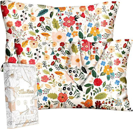 Silk Pillowcase 2 Pack - Pillow Cases 20" x 36" King Size Set of 2 for Hair and Skin Smooth Soft Breathable with Hidden Zipper Cooling Pillow Covers for Sleeping, Beige Floral