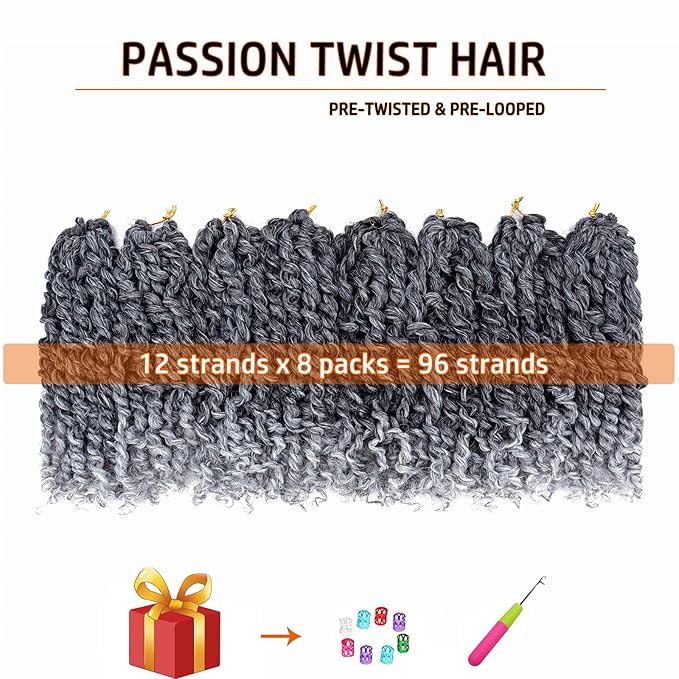 Short Passion Twist Hair 8 Inch Pre-twisted Passion Twist Crochet Hair for Women 8 packs Pre-looped Water Wave Crochet Braids Bohemian Curly Braiding Hair Synthetic Hair Extensions 1B/Gray