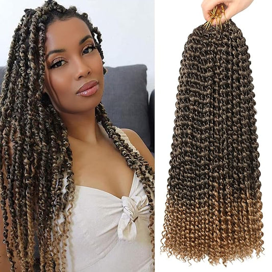 Passion Twist Hair,18 Inch Passion Twist Crochet Hair for Women 6 Packs Ombre Blonde Water Wave Crochet Hair Long Bohemian Synthetic Curly Braiding Hair Extensions(6pcs,1B/27)