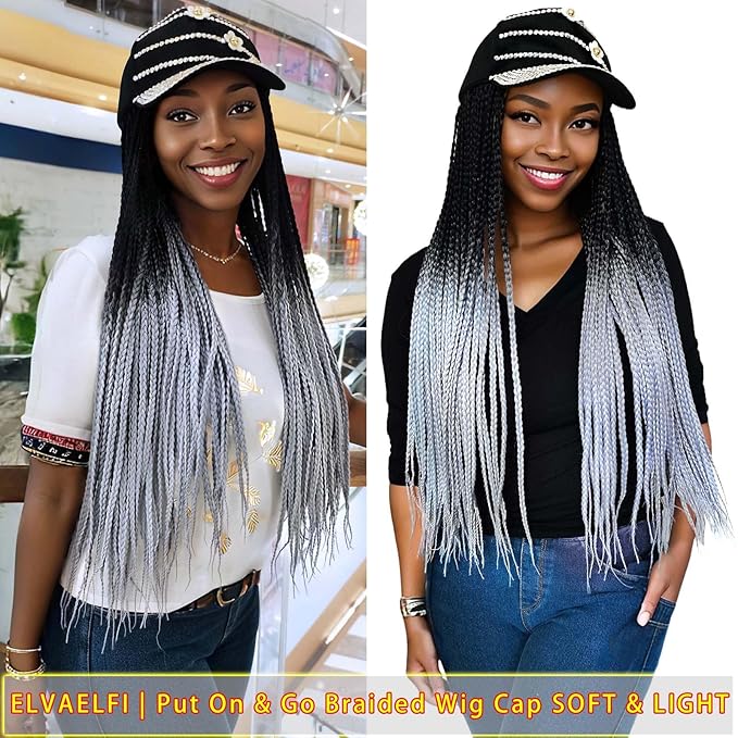 24in 3x Braided Wigs Hat Ombre Silver Gray, Ghic Bling Cap Wig for Women Girls Easy Style