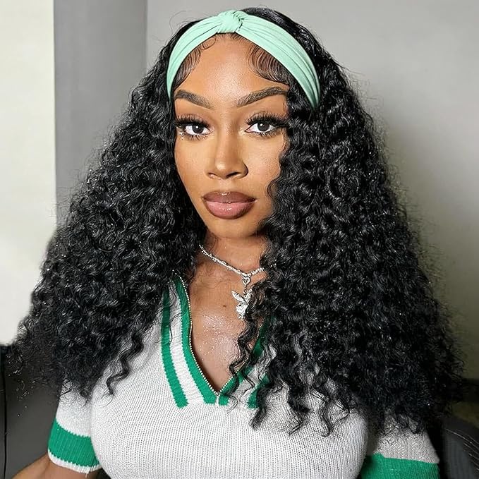 XSY Headband Wig Human Hair Kinky Curly 26 inch Headband Wigs for Black Women Glueless None Lace Front Machine Made Wigs Natural Color 150% Density