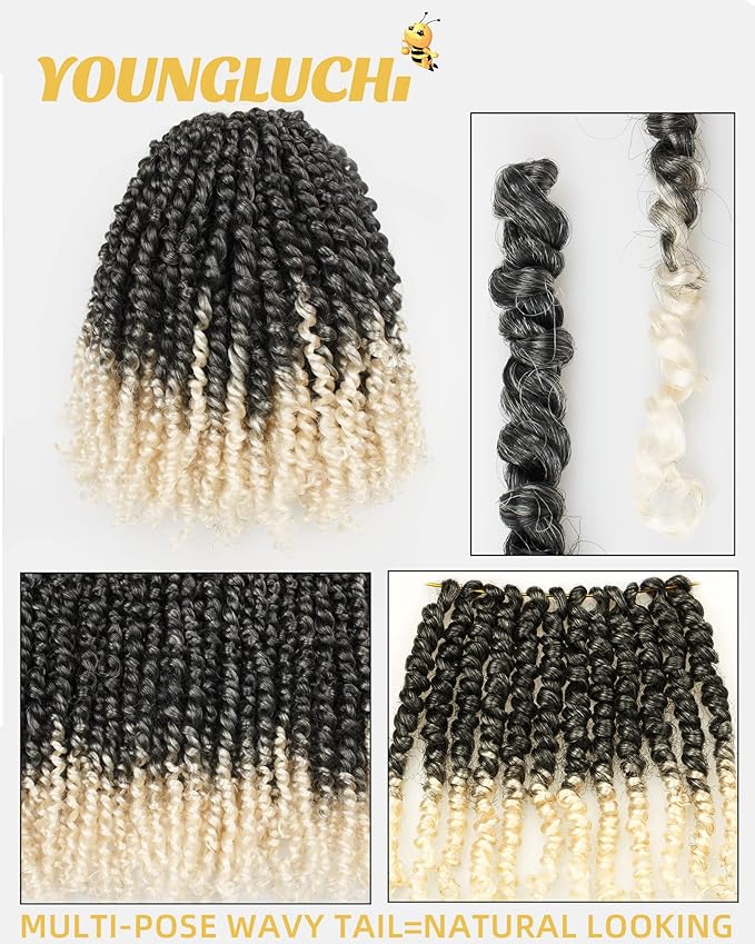 Pre-Twisted Passion Twist Crochet Hair for Black Women Passion Twist Hair Pre Looped Bohemian Braids 10 Inch 7 Packs Ombre Gray to Blonde Short Bob Curly Braiding Hair Extensions(10"-7P,TGray/613#)