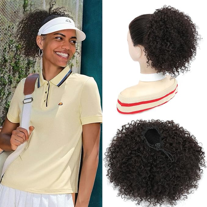 Drawstring Curly Ponytail Extensions for Black Women Protein Silk Fiber Human Hair Soft Feeling Afro Kinky Curly Hair Puff Pony tails Lightweight, Soft Natural Budget-Friendly for Daily Styles