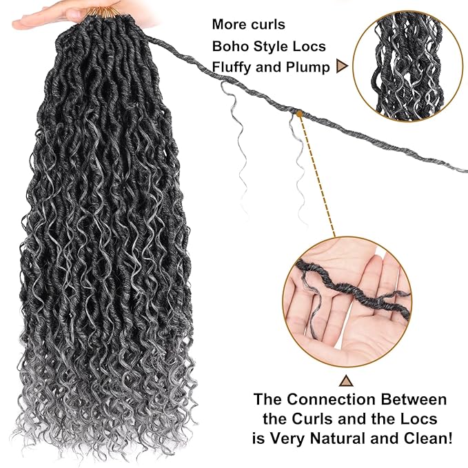 COOKOO Ombre Grey Bohemian Locs Crochet Hair 18 Inch 8 Packs Crochet Goddess Locs for Black Women Boho Faux Locs Crochet Hair Pre Looped Crochet Locs with Curly Ends River Locs Hair Extentions Tgrey#