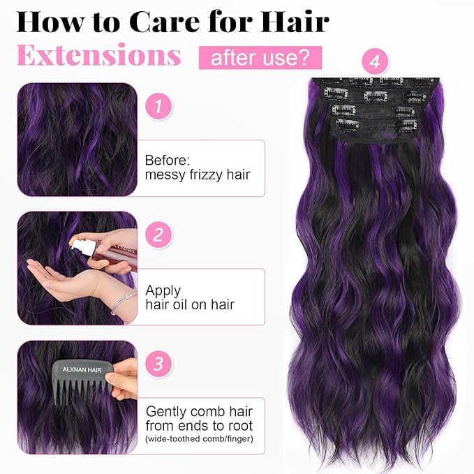 ALXNAN Clip in Long Wavy Synthetic Hair Extension 20 Inch Black Mix Purple Highlights 4PCS Thick Hairpieces Fiber Double Weft Hair for Women