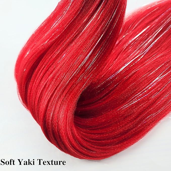 Red Tinsel Braiding Hair Pre stretched Glitter Tinsel Hair Prestretched Braiding Hair Sparkle Tinsel Ez Braid Braiding Hair