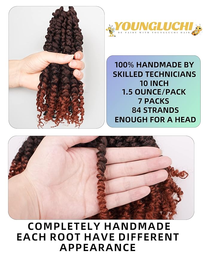 Pre-Twisted Passion Twist Crochet Hair for Black Women Passion Twist Hair Pre Looped Bohemian Braids 10 Inch 7 Packs Ombre Ginger Short Bob Curly Braiding Hair Extensions(10"-7P,T1B/350)