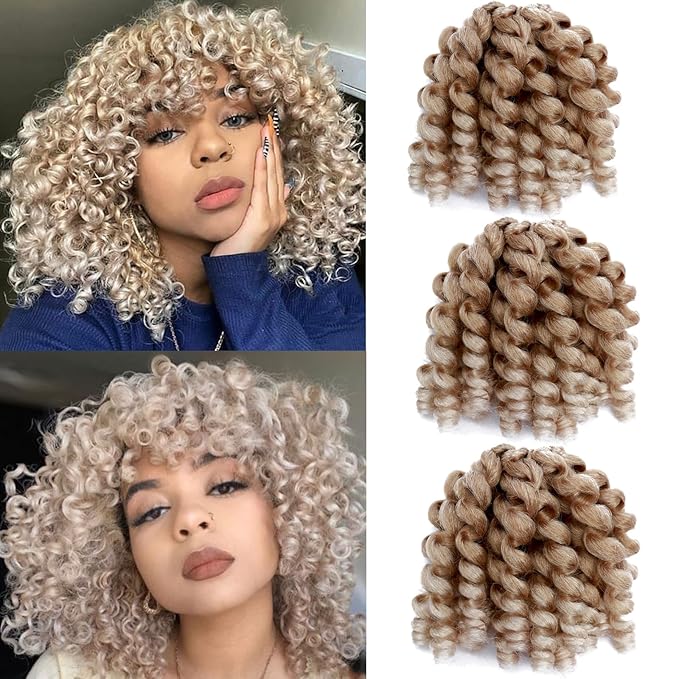 3 Packs 2X Ringlet Wand Curl Jamaican Bounce 8 inch Short Synthetic Crochet Hair Extensions Blonde Ombre Crochet Braiding Hair 20 Roots (#27/613 Jamaican Bounce)