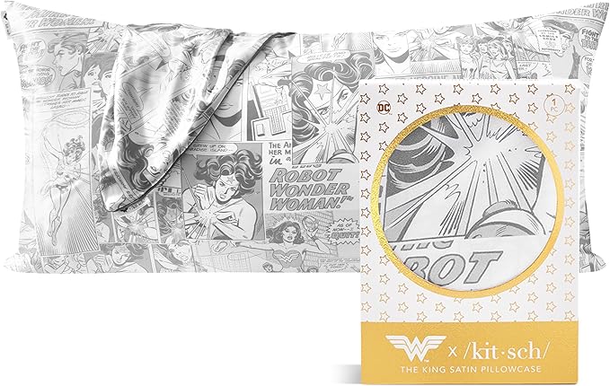 Kitsch Wonder Woman (Comic) Satin Pillowcase with Zipper Softer Than Silk, Luxury Cooling Pillowcase for Hair & Skin, Wrinkle Prevention, King Size (19X36)