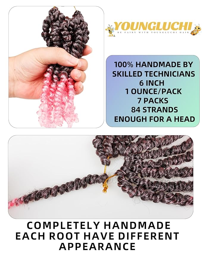 Super Short Passion Twist Crochet Hair for Black Women and Kids-6 Inch 7 Packs Ombre Pink Pre Looped Pre-twisted Passion Twist Hair,Bob Spring Kinky Twist Bohemian Curl(6"-7P,TPink)