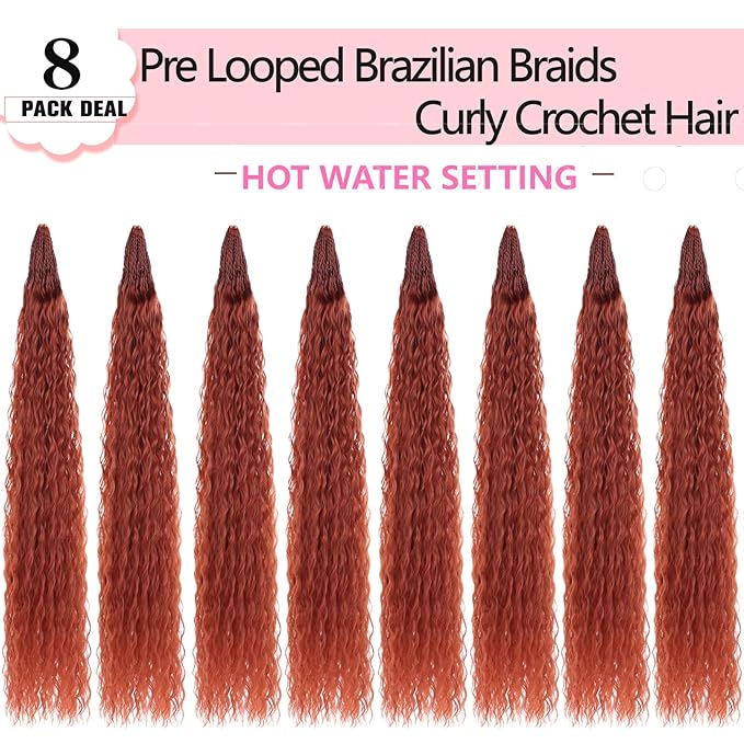 Xtrend Ginger Pre Looped Micro Brazilian Kinky Curly Crochet Hair 8 Packs 24 Inch Micro Curly Braiding Hair Extensions Synthetic Deep Wave For Mini Senegalese Twist Hair For Boho(30 Strands/Pack，350#)