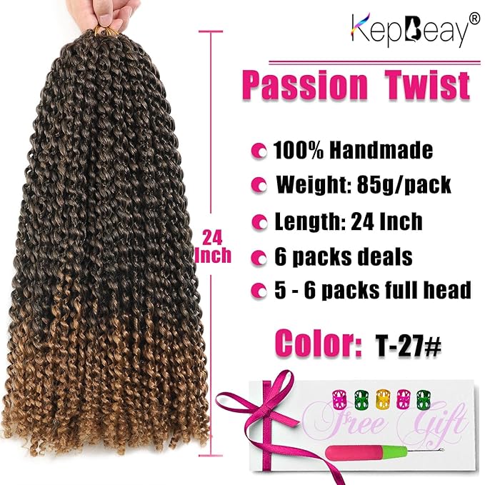 Passion Twist Hair 24 Inch Passion Twist Crochet Hair 6 Packs Water Wave Crochet Hair Passion Twist Hair Black Mixed Blonde Color Synthetic Hair Extensions for Women(24Inch,T27#）