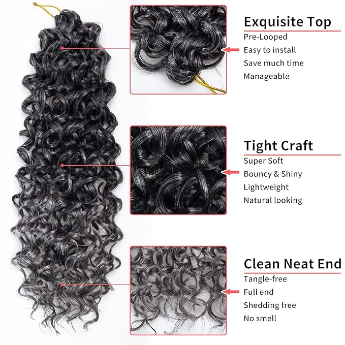 6 Packs Curly Crochet Hair for Women 18 Inch GoGo Curl Crochet Hair Water Wave Synthetic Hair Extensions (18 inch(Pack of 6), T1B/Grey)