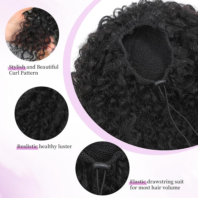 Drawstring Curly Ponytail Extensions for Black Women Protein Silk Fiber Human Hair Soft Feeling Afro Kinky Curly Hair Puff Pony tails Lightweight, Soft Natural Budget-Friendly for Daily Styles
