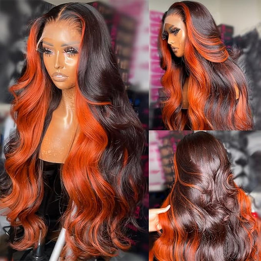 MEGOOD 200% Density 9X6 Ginger Lace Front Wigs Human Hair Pre Plucked for Women Ombre 9X6 HD Transparent #350 Highlight Wig Human Hair Glueless Orange Colored Lace Front Wigs (22Inch)
