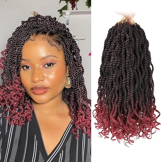 Leeven 10 Inch Burgundy Senegalese Twist with Curly Ends 8 Packs Ombre Red Hanava Twist Crochet Hair Pre Twisted Short Kinky Twsit Pre Looped Synthetic Crochet Braids for Women Kids