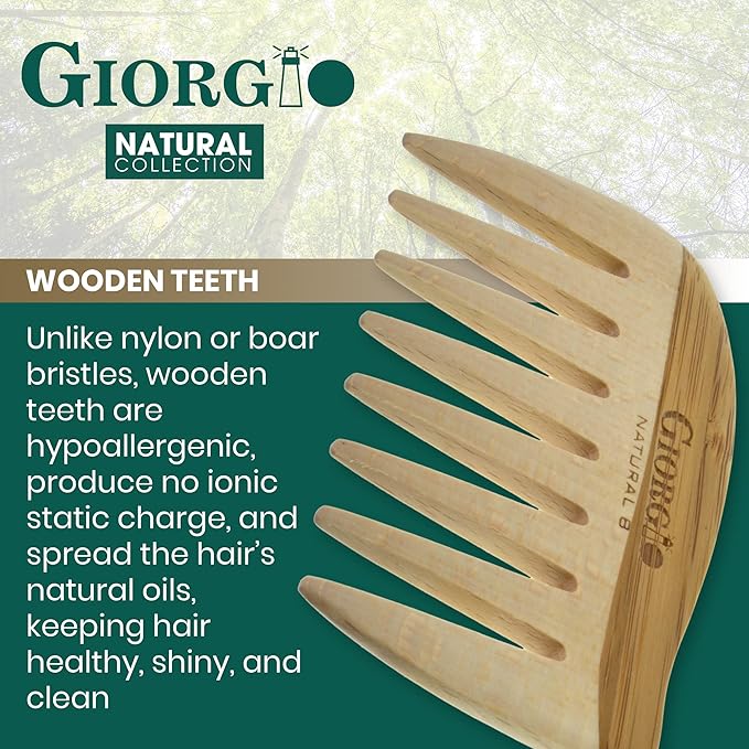 Giorgio GIONAT8 Small Natural Wooden Comb Detangler Wide Tooth Comb for Curly Hair, Bamboo and Beechwood Combs for Thick Hairs, Vegan Wooden Combs Perfect for Use with Long Thick Hair
